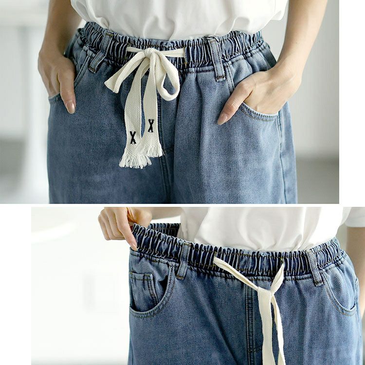 大きいサイズ レディース 裏起毛ウエスト紐デニムワイドパンツ　goldy-1585