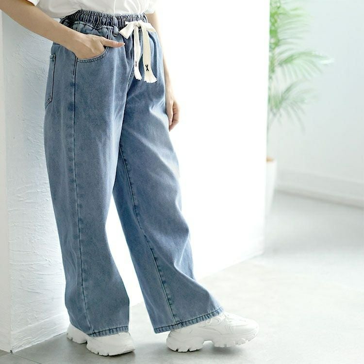 大きいサイズ レディース 裏起毛ウエスト紐デニムワイドパンツ　goldy-1585