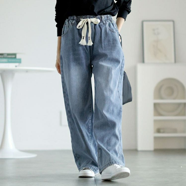 大きいサイズ レディース 裏起毛ウエスト紐デニムワイドパンツ　goldy-1585