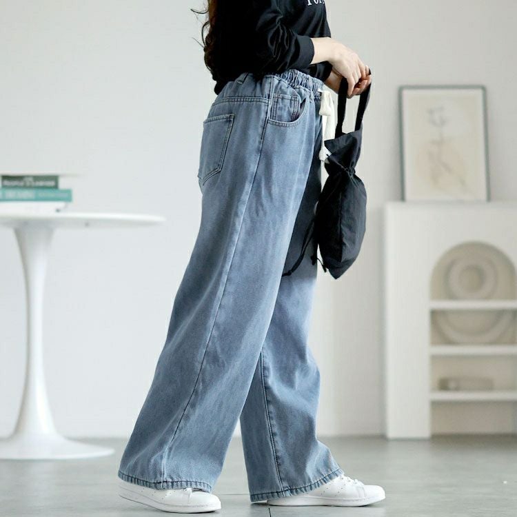 大きいサイズ レディース 裏起毛ウエスト紐デニムワイドパンツ　goldy-1585
