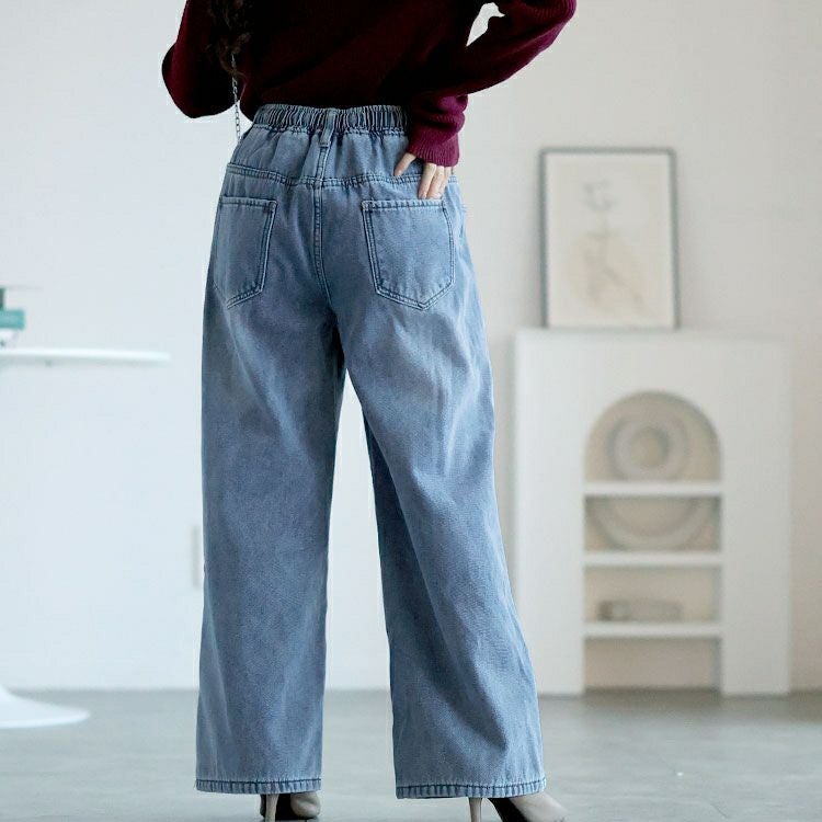 大きいサイズ レディース 裏起毛ウエスト紐デニムワイドパンツ　goldy-1585