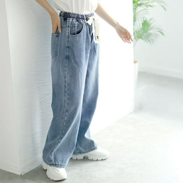 大きいサイズ レディース 裏起毛ウエスト紐デニムワイドパンツ　goldy-1585
