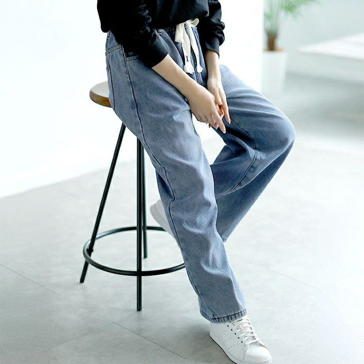 大きいサイズ レディース 裏起毛ウエスト紐デニムワイドパンツ　goldy-1585