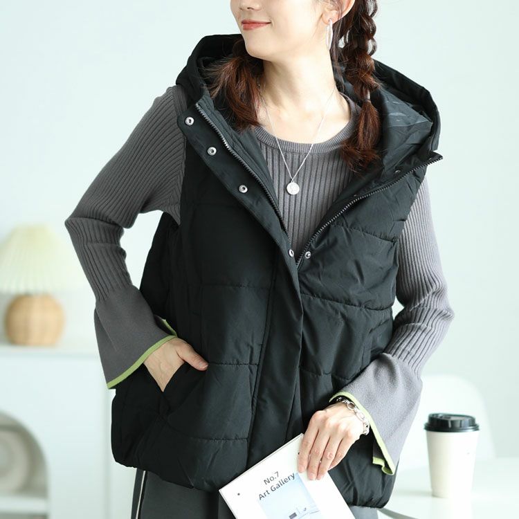 大きいサイズ レディース 防風撥水フード取り外し中綿ベスト　mnfk-548712