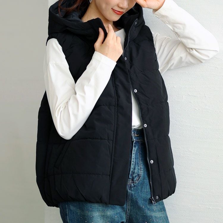 大きいサイズ レディース 防風撥水フード取り外し中綿ベスト　mnfk-548712