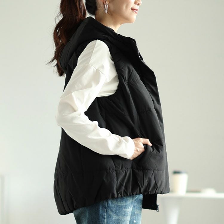 大きいサイズ レディース 防風撥水フード取り外し中綿ベスト　mnfk-548712