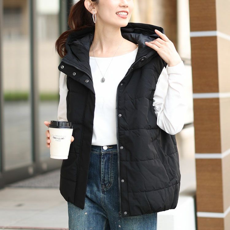 大きいサイズ レディース 防風撥水フード取り外し中綿ベスト　mnfk-548712