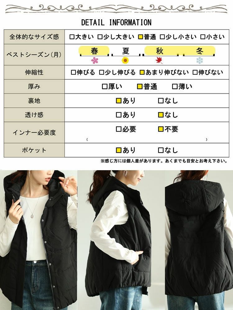 大きいサイズ レディース 防風撥水フード取り外し中綿ベスト　mnfk-548712