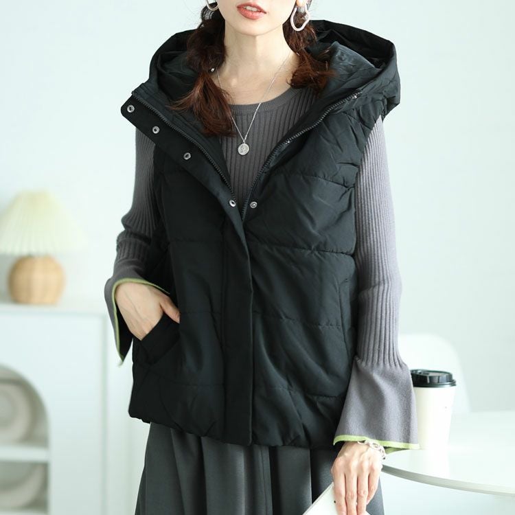 大きいサイズ レディース 防風撥水フード取り外し中綿ベスト　mnfk-548712 ブラック