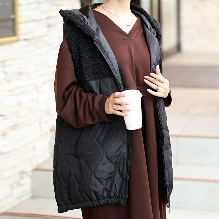 大きいサイズ レディース ボアフード切り替えキルティングロングベスト　kt-7843104