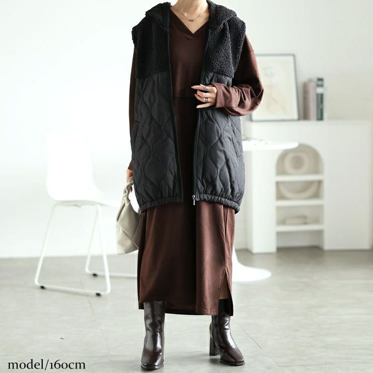 大きいサイズ レディース ボアフード切り替えキルティングロングベスト　kt-7843104