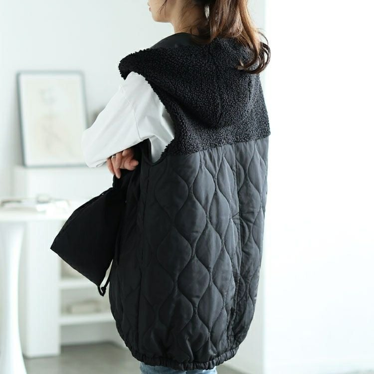 大きいサイズ レディース ボアフード切り替えキルティングロングベスト　kt-7843104