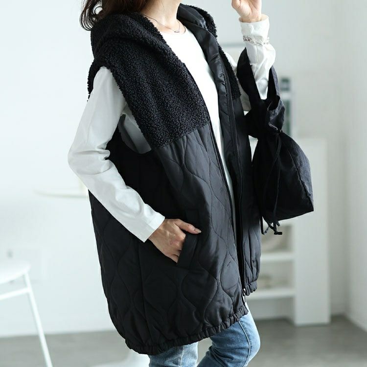 大きいサイズ レディース ボアフード切り替えキルティングロングベスト　kt-7843104