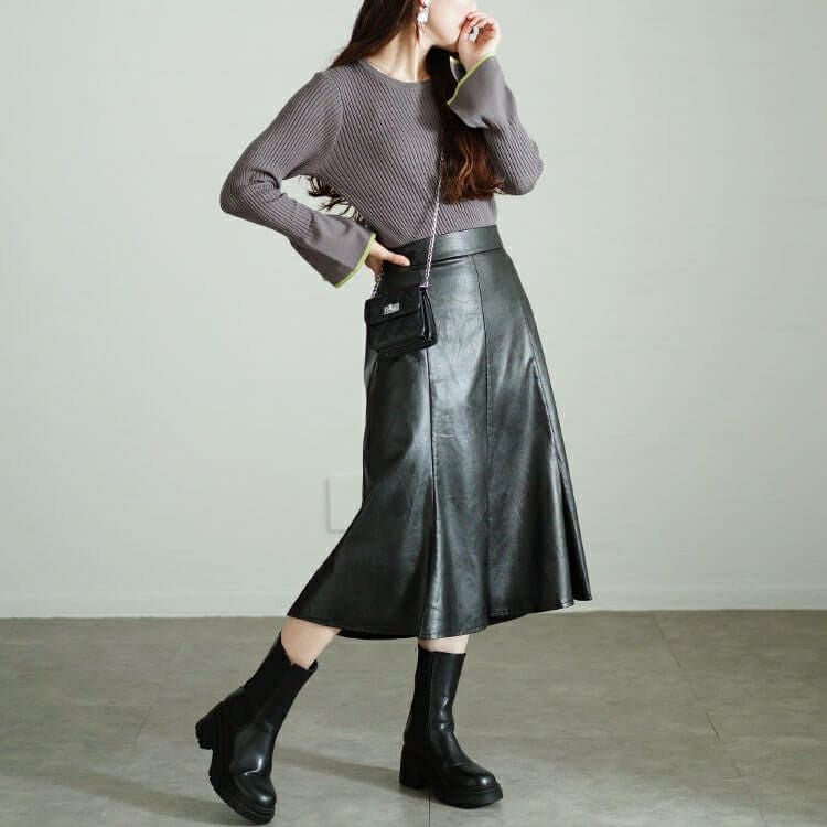 大きいサイズ レディース フェイクレザーミモレ丈マーメイドスカート　tog-1012