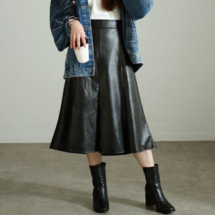 大きいサイズ レディース フェイクレザーミモレ丈マーメイドスカート　tog-1012