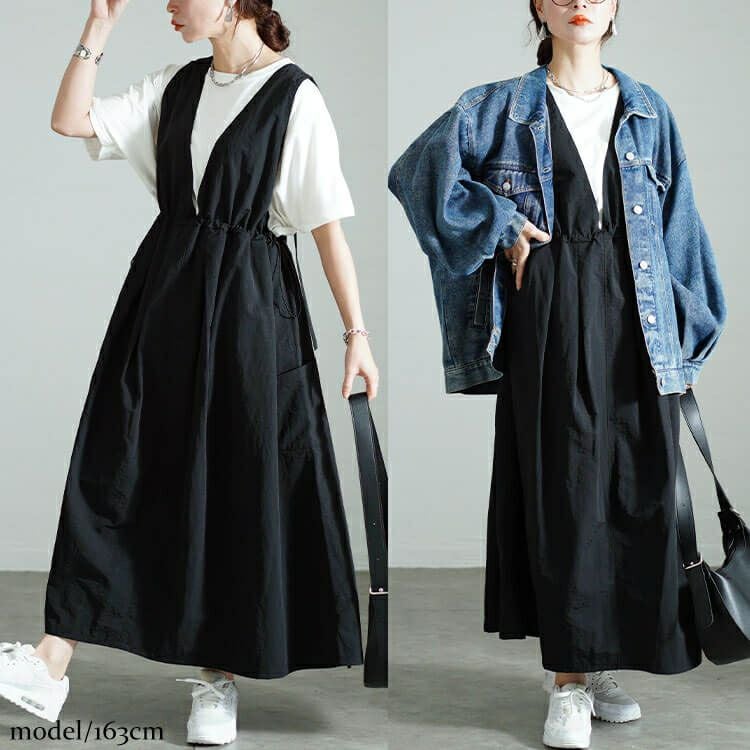 大きいサイズ レディース 深Vネックバックベルトジャンパースカート　nw-24040