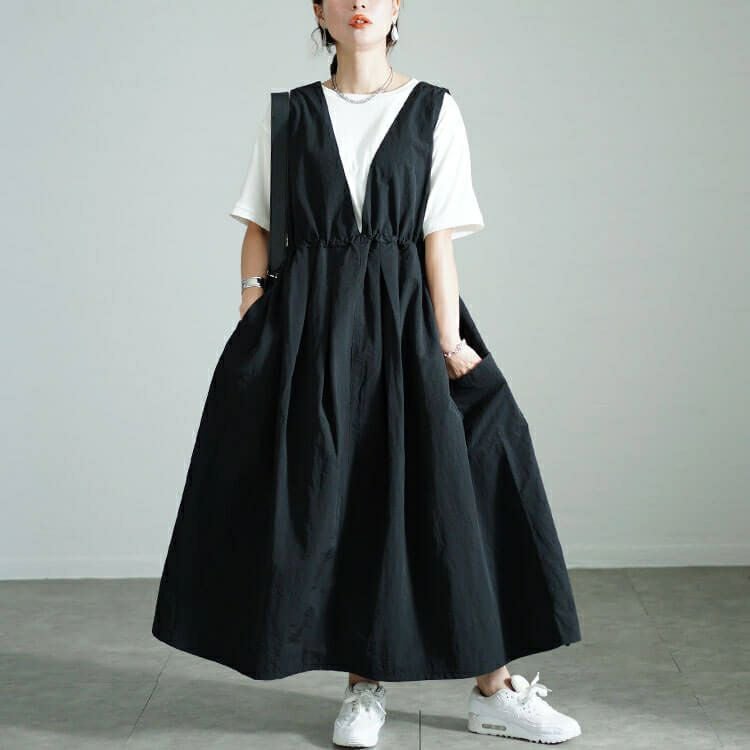 大きいサイズ レディース 深Vネックバックベルトジャンパースカート　nw-24040