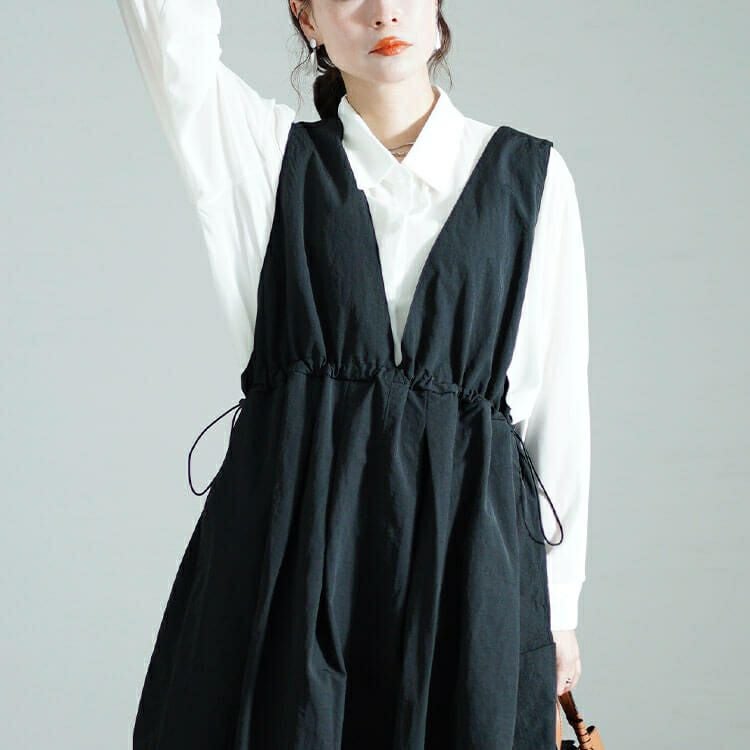 大きいサイズ レディース 深Vネックバックベルトジャンパースカート　nw-24040