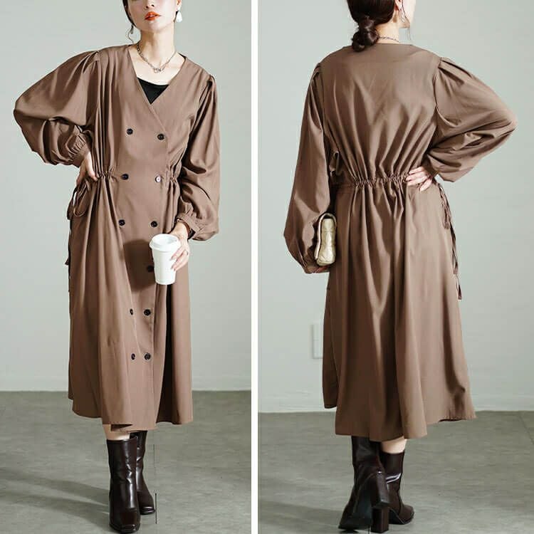 大きいサイズ レディース タックスリーブダブルボタンワンピース　nw-24039