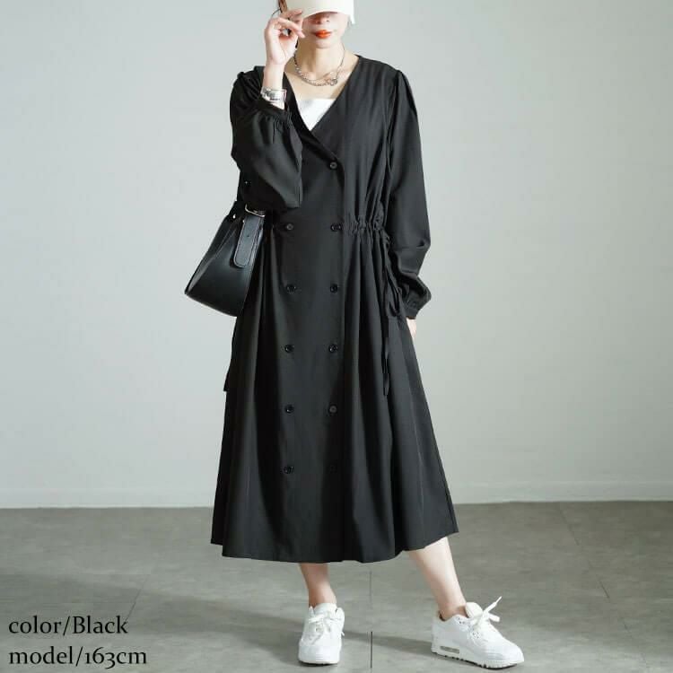 大きいサイズ レディース タックスリーブダブルボタンワンピース　nw-24039 ブラック
