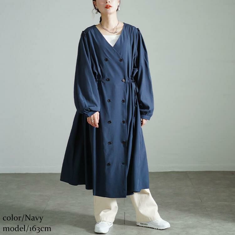 大きいサイズ レディース タックスリーブダブルボタンワンピース　nw-24039 ネイビー