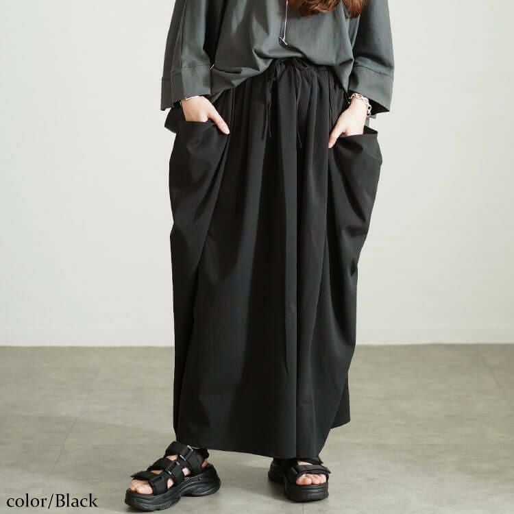 大きいサイズ レディース ビッグポケット変形ドレープスカート　nw-24037 ブラック