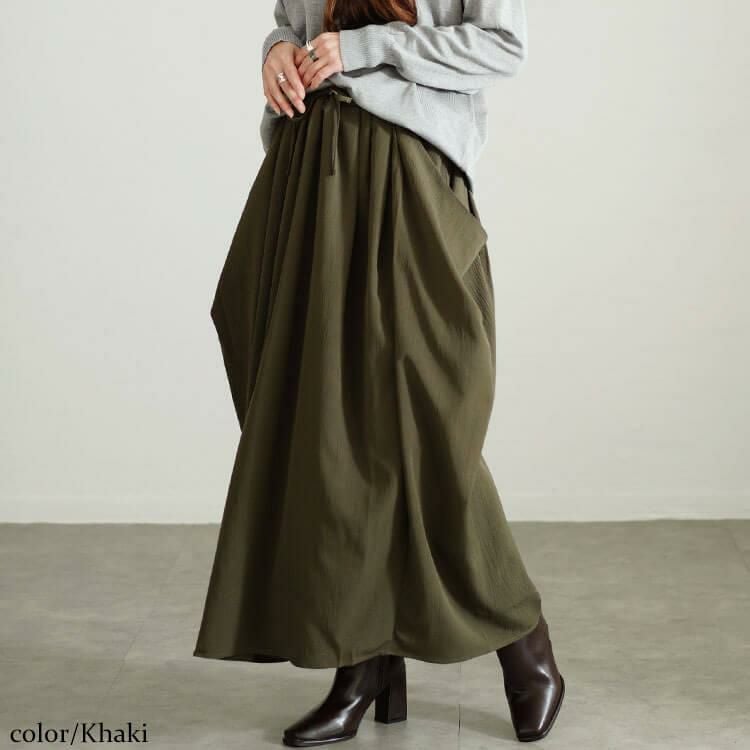 大きいサイズ レディース ビッグポケット変形ドレープスカート　nw-24037 カーキ