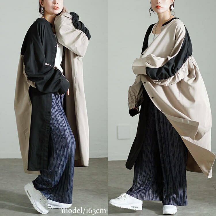 大きいサイズ レディース バイカラーギャザー切り替えロングシャツ　nw-24035