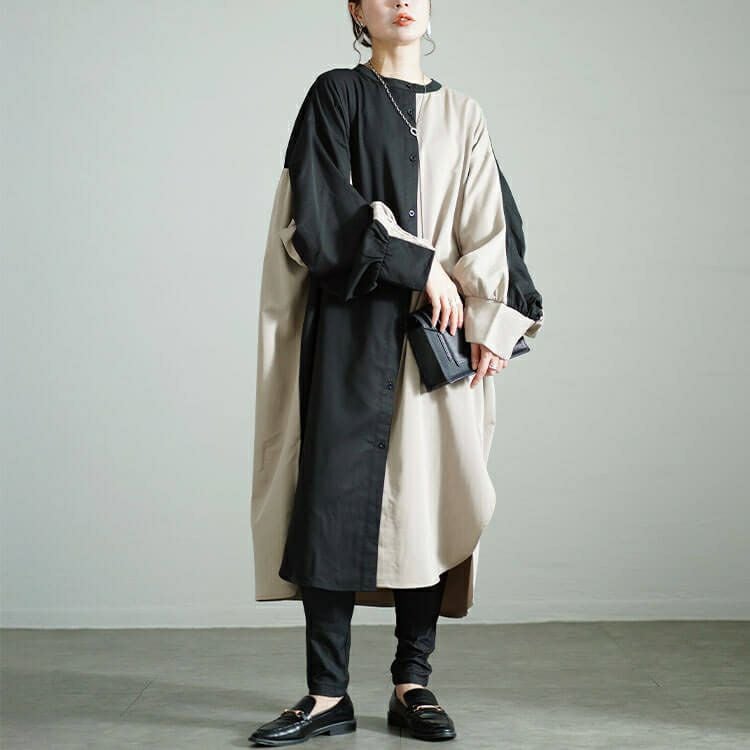 大きいサイズ レディース バイカラーギャザー切り替えロングシャツ　nw-24035