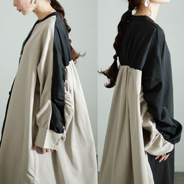 大きいサイズ レディース バイカラーギャザー切り替えロングシャツ　nw-24035