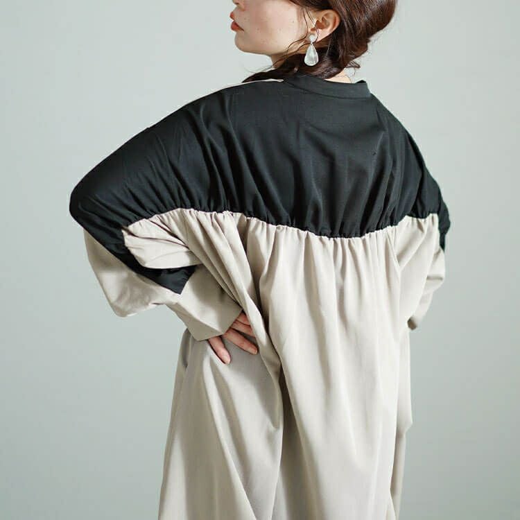 大きいサイズ レディース バイカラーギャザー切り替えロングシャツ　nw-24035