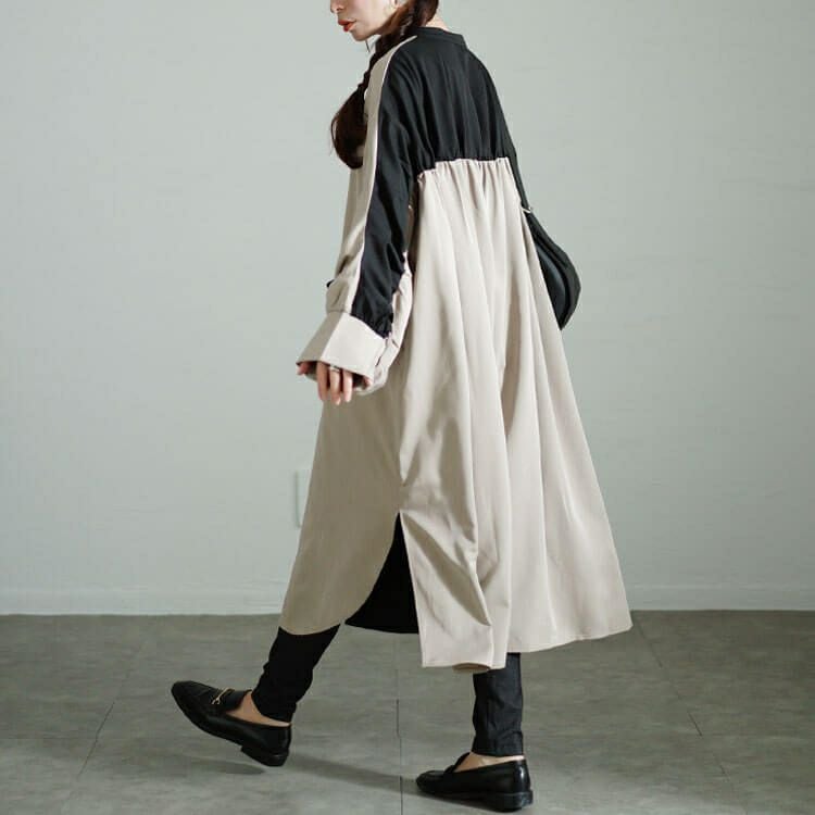 大きいサイズ レディース バイカラーギャザー切り替えロングシャツ　nw-24035