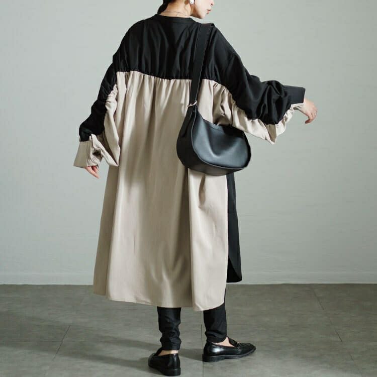 大きいサイズ レディース バイカラーギャザー切り替えロングシャツ　nw-24035