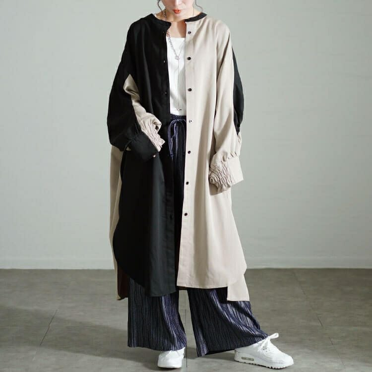 大きいサイズ レディース バイカラーギャザー切り替えロングシャツ　nw-24035