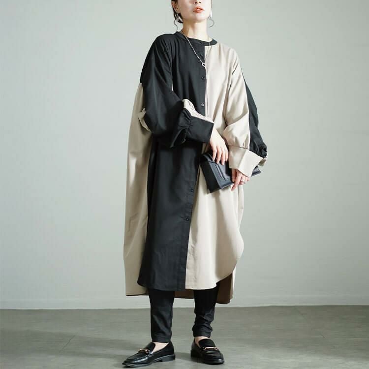 大きいサイズ レディース バイカラーギャザー切り替えロングシャツ　nw-24035 ブラック