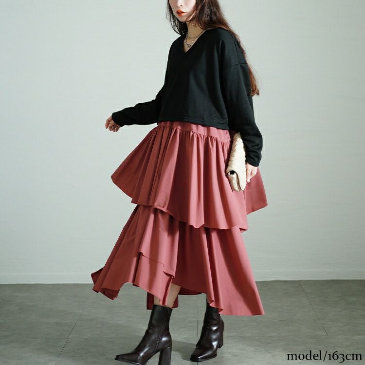 大きいサイズ レディース アシメティアードドッキングワンピース　nw-24033