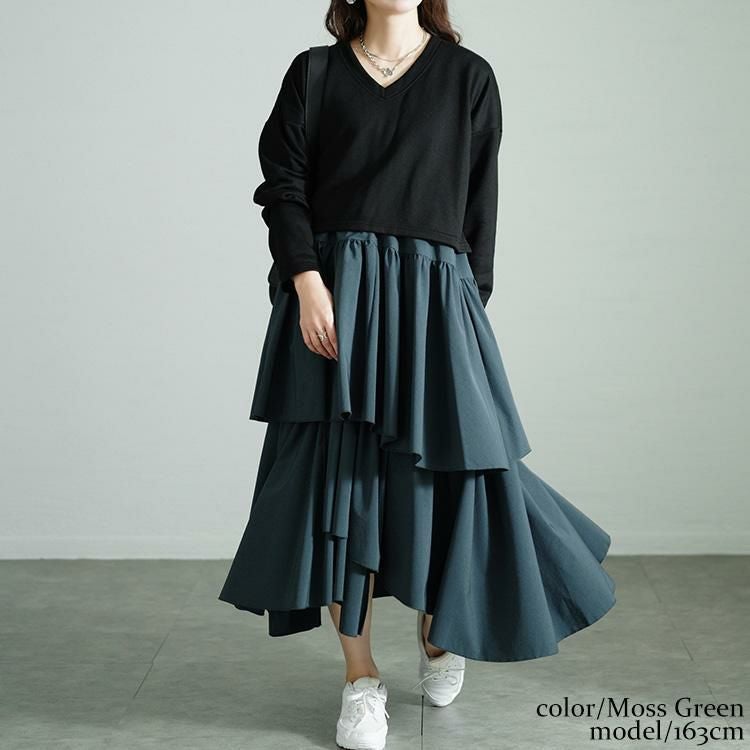 大きいサイズ レディース アシメティアードドッキングワンピース　nw-24033 モスグリーン