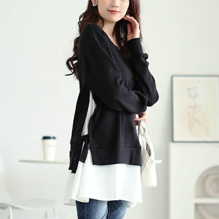 大きいサイズ レディース サイドリボンフェイクレイヤードチュニック　jp507