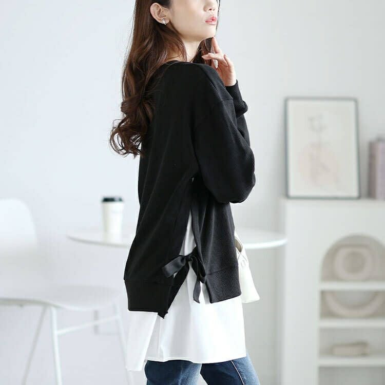 大きいサイズ レディース サイドリボンフェイクレイヤードチュニック　jp507