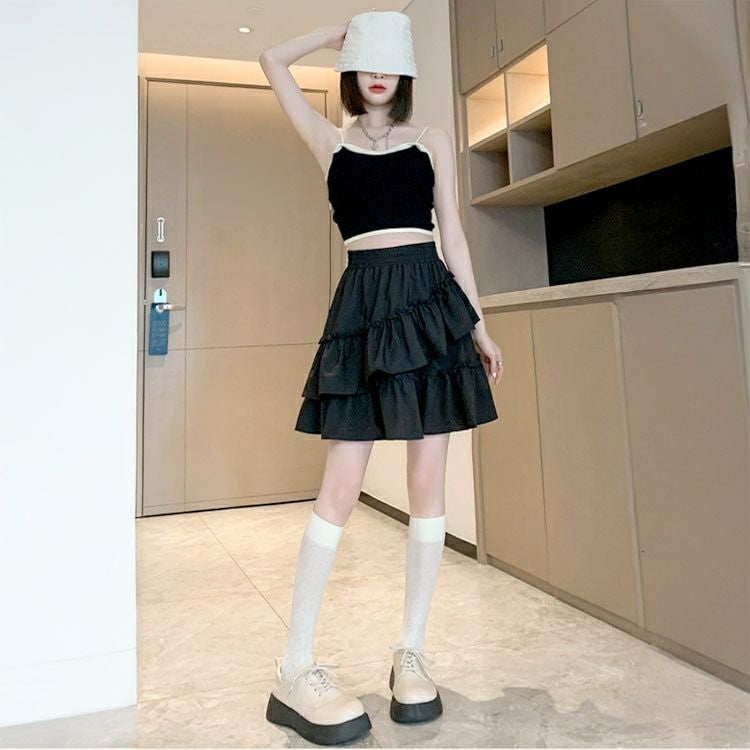 大きいサイズ レディース インナーパンツ付きフリルミニスカート　goldy-1586 【メール便可】