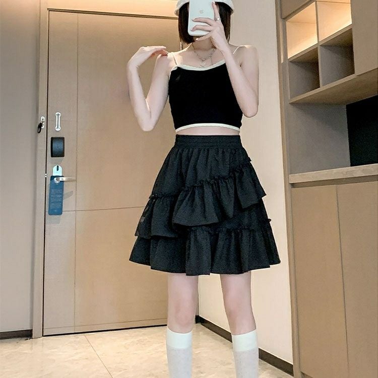 大きいサイズ レディース インナーパンツ付きフリルミニスカート　goldy-1586 【メール便可】