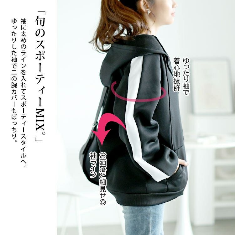 大きいサイズ レディース 裏起毛袖ラインジップアップパーカー　goldy-1613