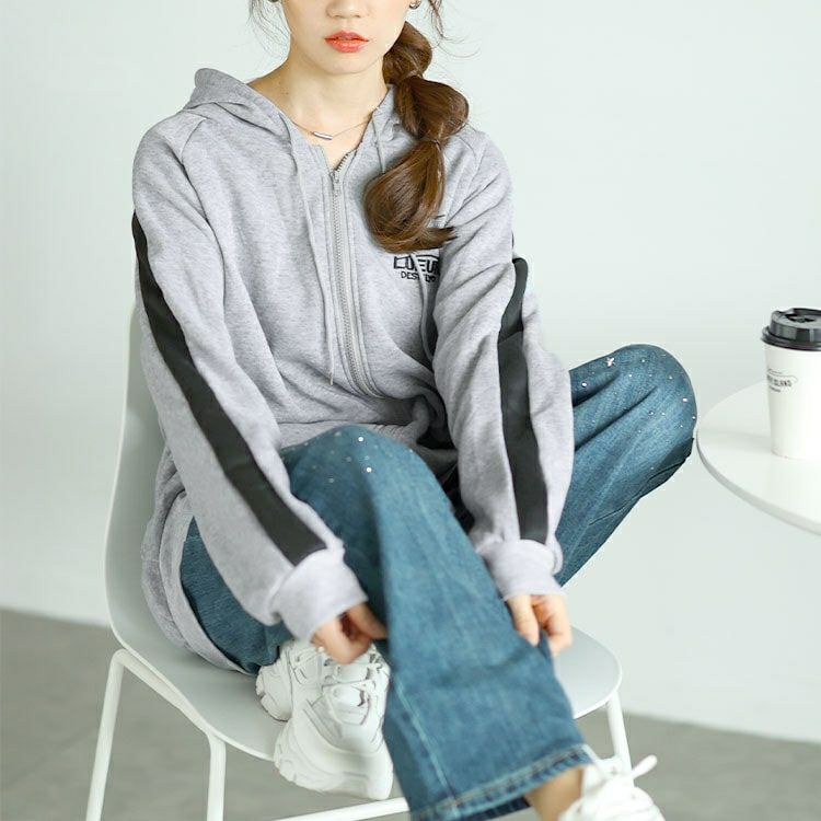 大きいサイズ レディース 裏起毛袖ラインジップアップパーカー　goldy-1613