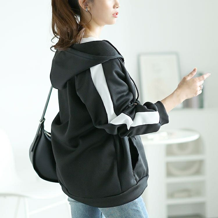 大きいサイズ レディース 裏起毛袖ラインジップアップパーカー　goldy-1613