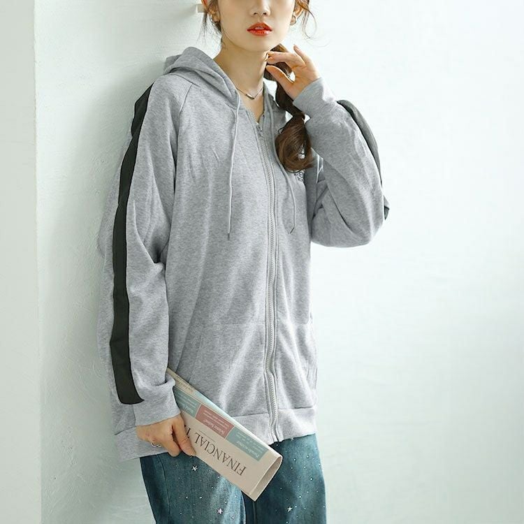 大きいサイズ レディース 裏起毛袖ラインジップアップパーカー　goldy-1613