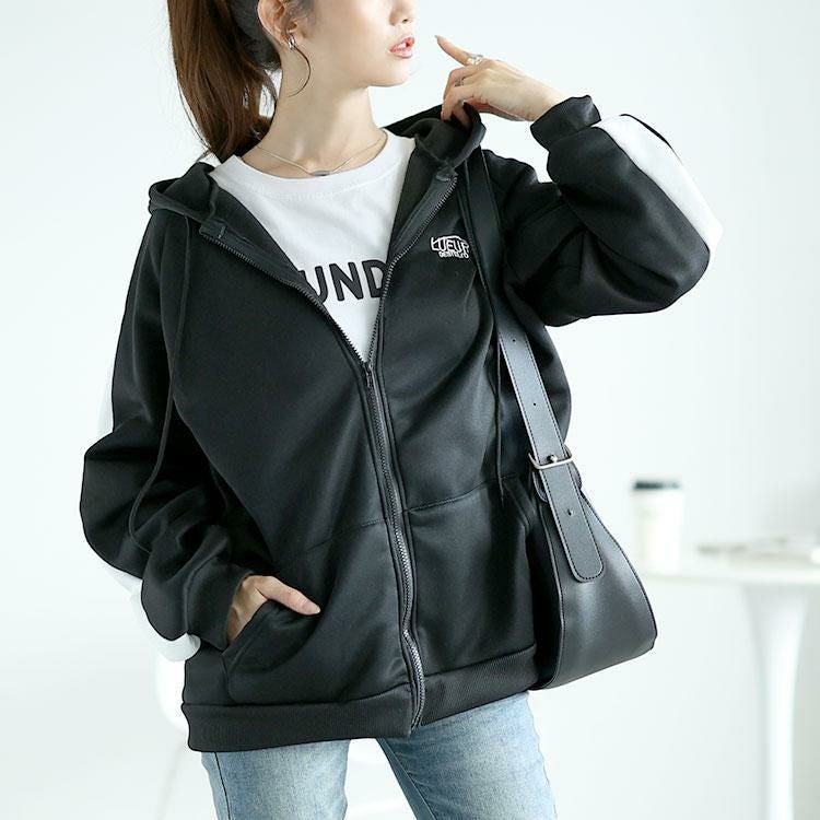 大きいサイズ レディース 裏起毛袖ラインジップアップパーカー　goldy-1613 ブラック