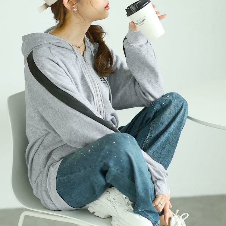 大きいサイズ レディース 裏起毛袖ラインジップアップパーカー　goldy-1613 グレー