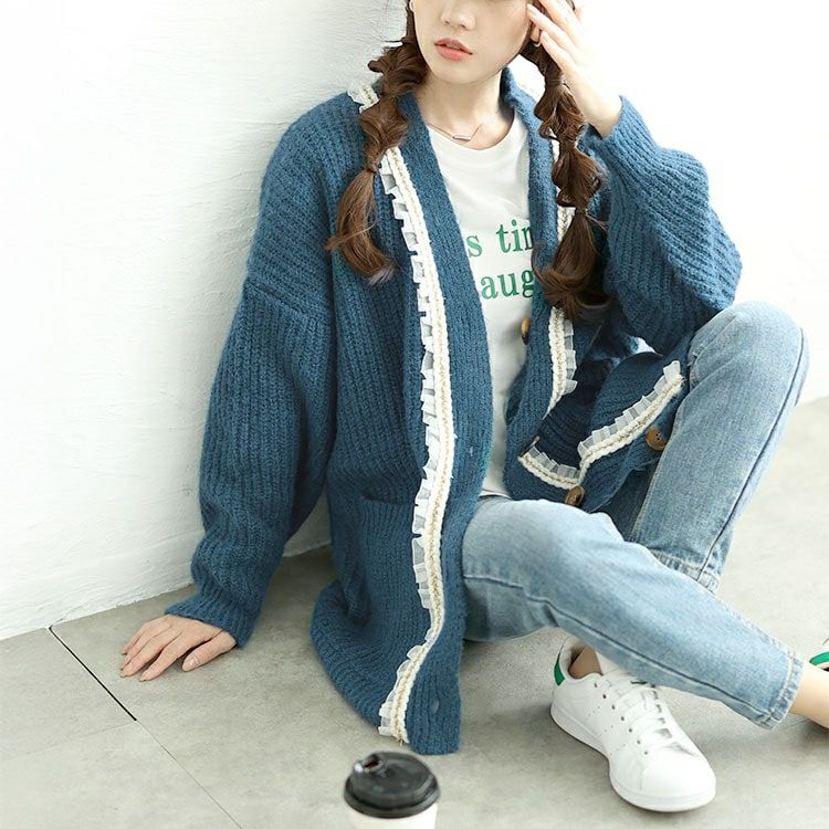 大きいサイズ レディース フリル付きミドルニットカーディガン　goldy-1605