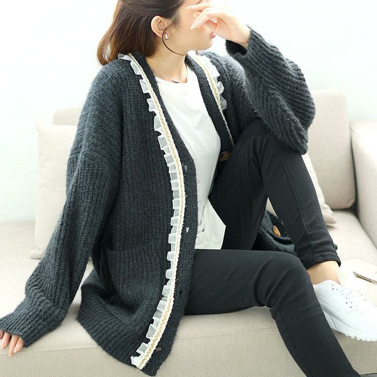 大きいサイズ レディース フリル付きミドルニットカーディガン　goldy-1605 チャコール