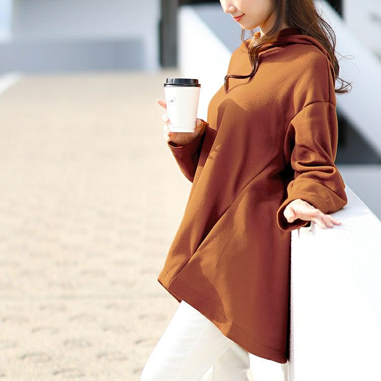 大きいサイズ レディース 裏起毛ゆるコクーンパーカーチュニック　goldy-1603